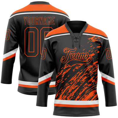 Custom Black Orange-White 3D Splash Art Hockey Lace Neck Jersey