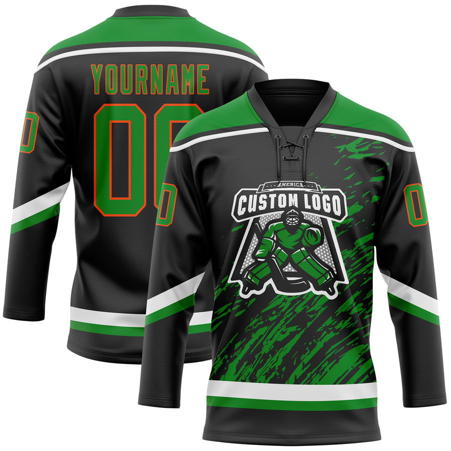 Custom Black Grass Green Orange-White 3D Splash Art Hockey Lace Neck Jersey