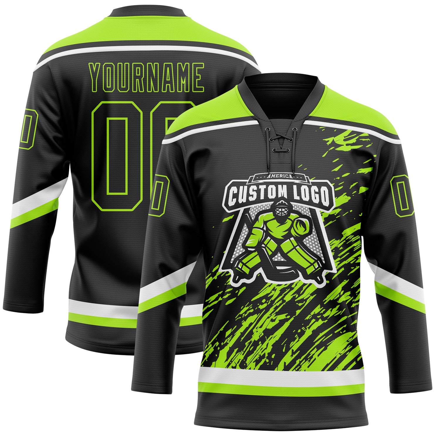 Custom Black Neon Green-White 3D Splash Art Hockey Lace Neck Jersey
