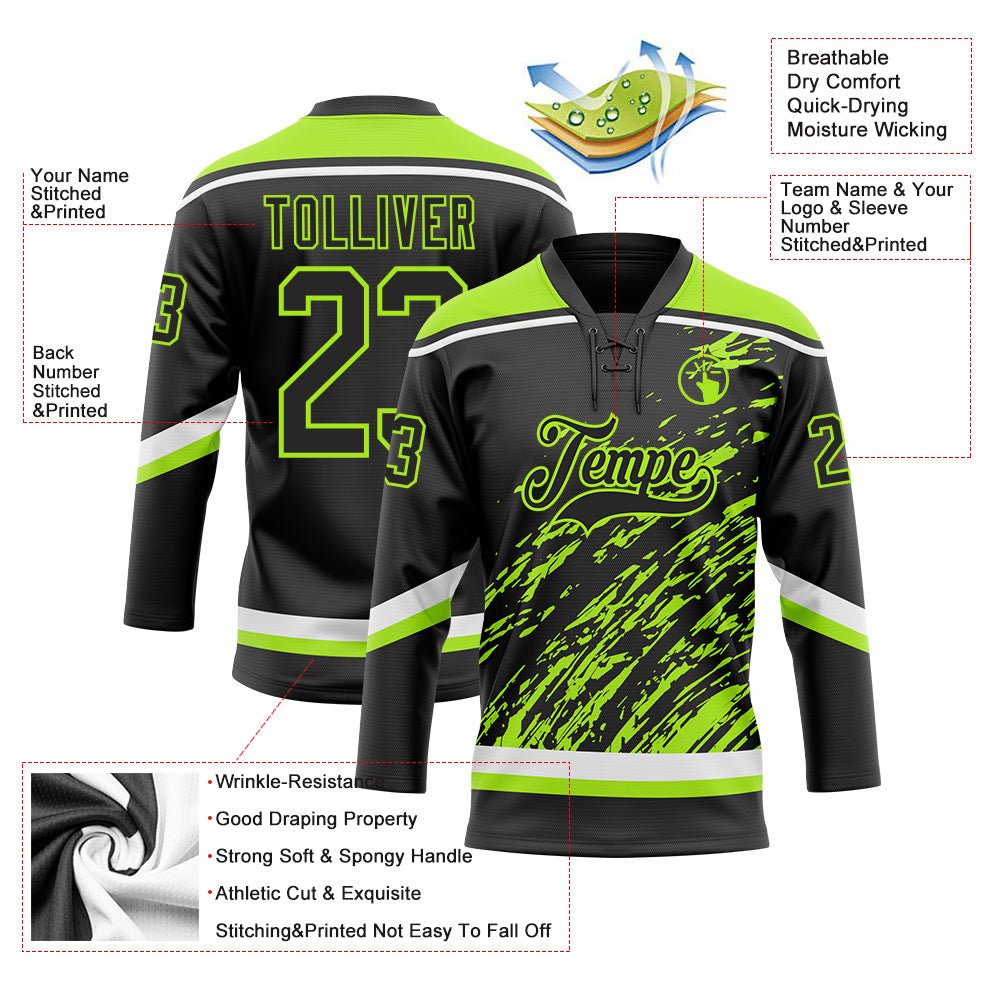 Custom Black Neon Green-White 3D Splash Art Hockey Lace Neck Jersey