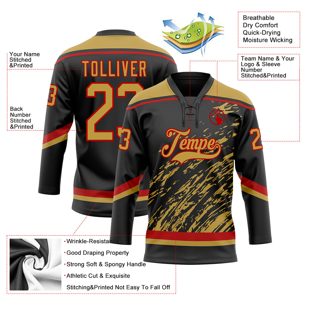 Custom Black Old Gold Red-White 3D Splash Art Hockey Lace Neck Jersey