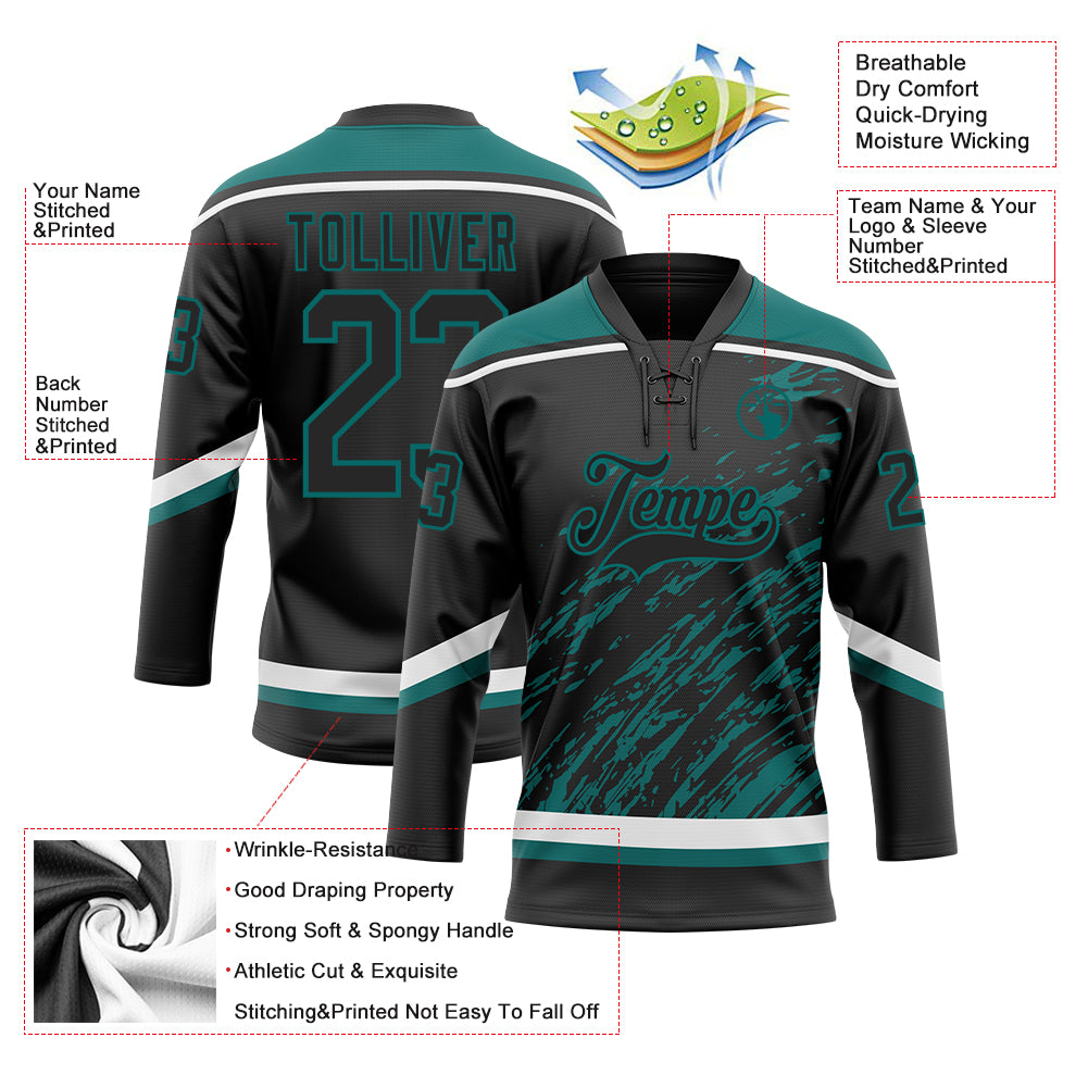 Custom Black Teal-White 3D Splash Art Hockey Lace Neck Jersey