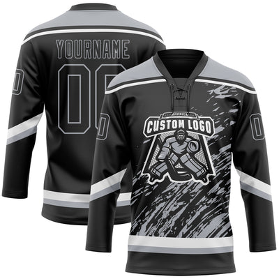 Custom Black Gray-White 3D Splash Art Hockey Lace Neck Jersey