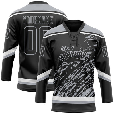 Custom Black Gray-White 3D Splash Art Hockey Lace Neck Jersey