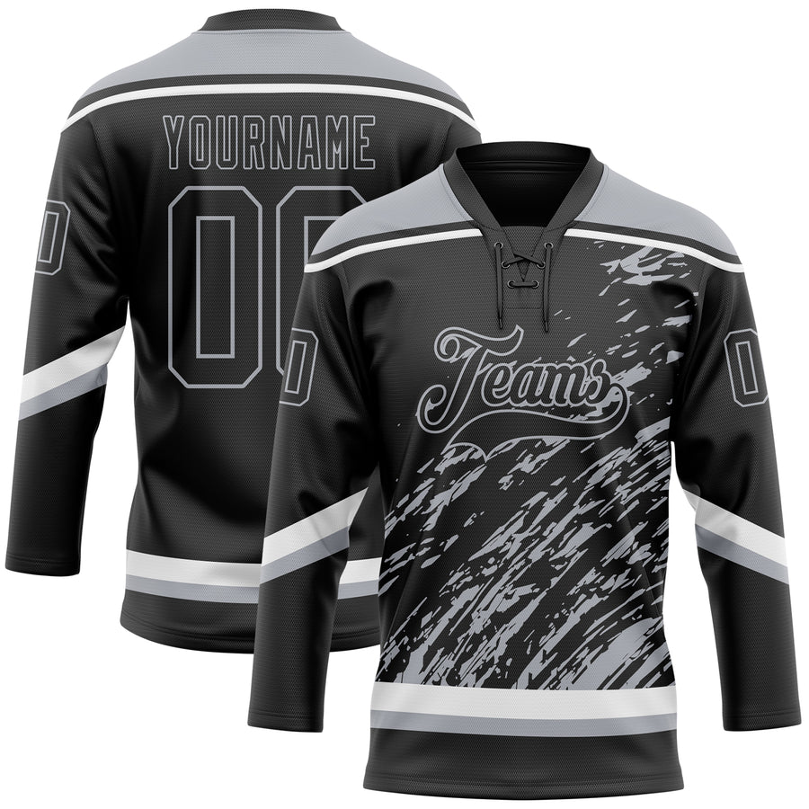 Custom Black Gray-White 3D Splash Art Hockey Lace Neck Jersey
