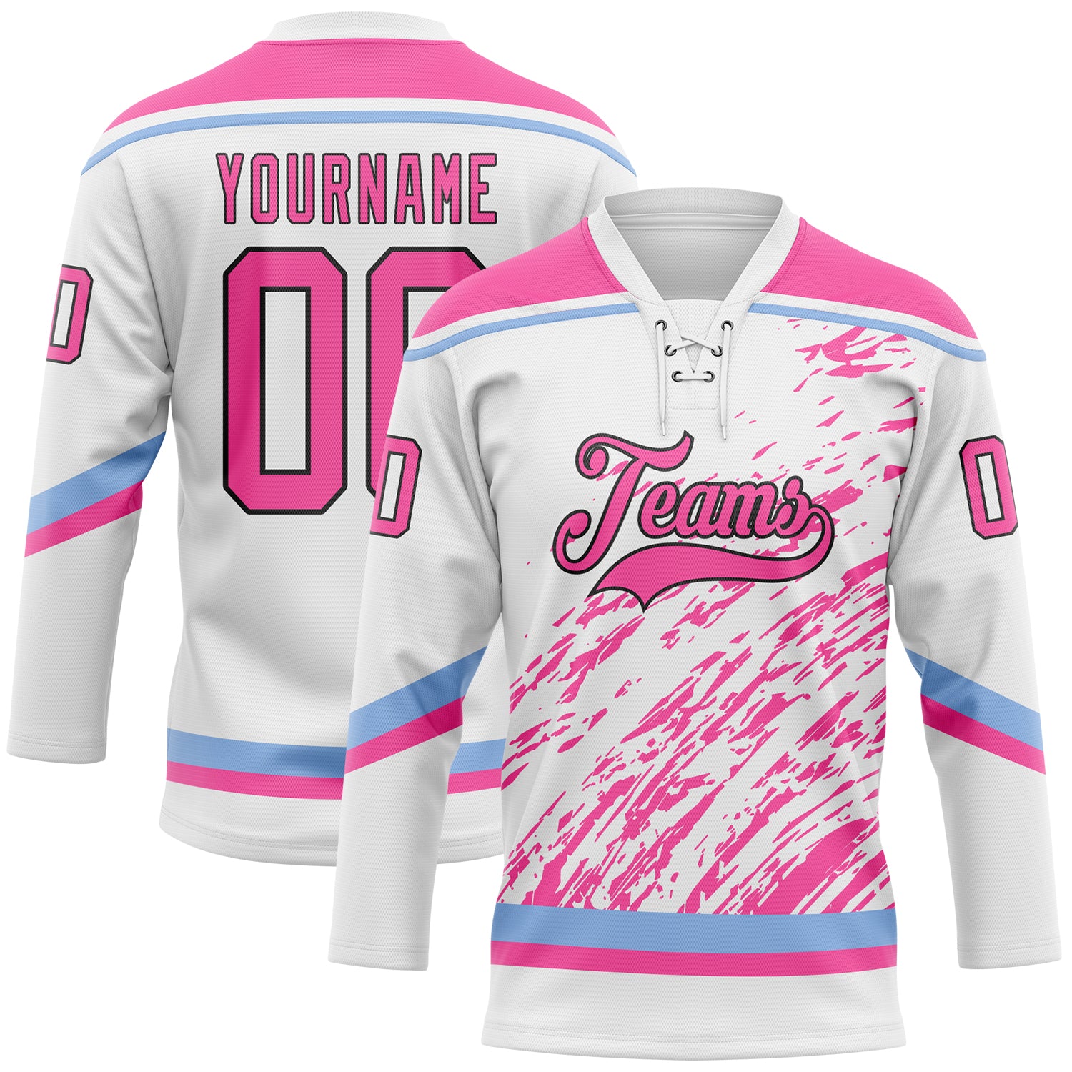 Custom White Pink Light Blue-Black 3D Splash Art Hockey Lace Neck Jersey