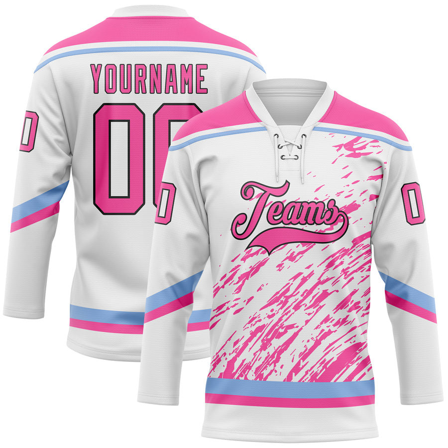 Custom White Pink Light Blue-Black 3D Splash Art Hockey Lace Neck Jersey