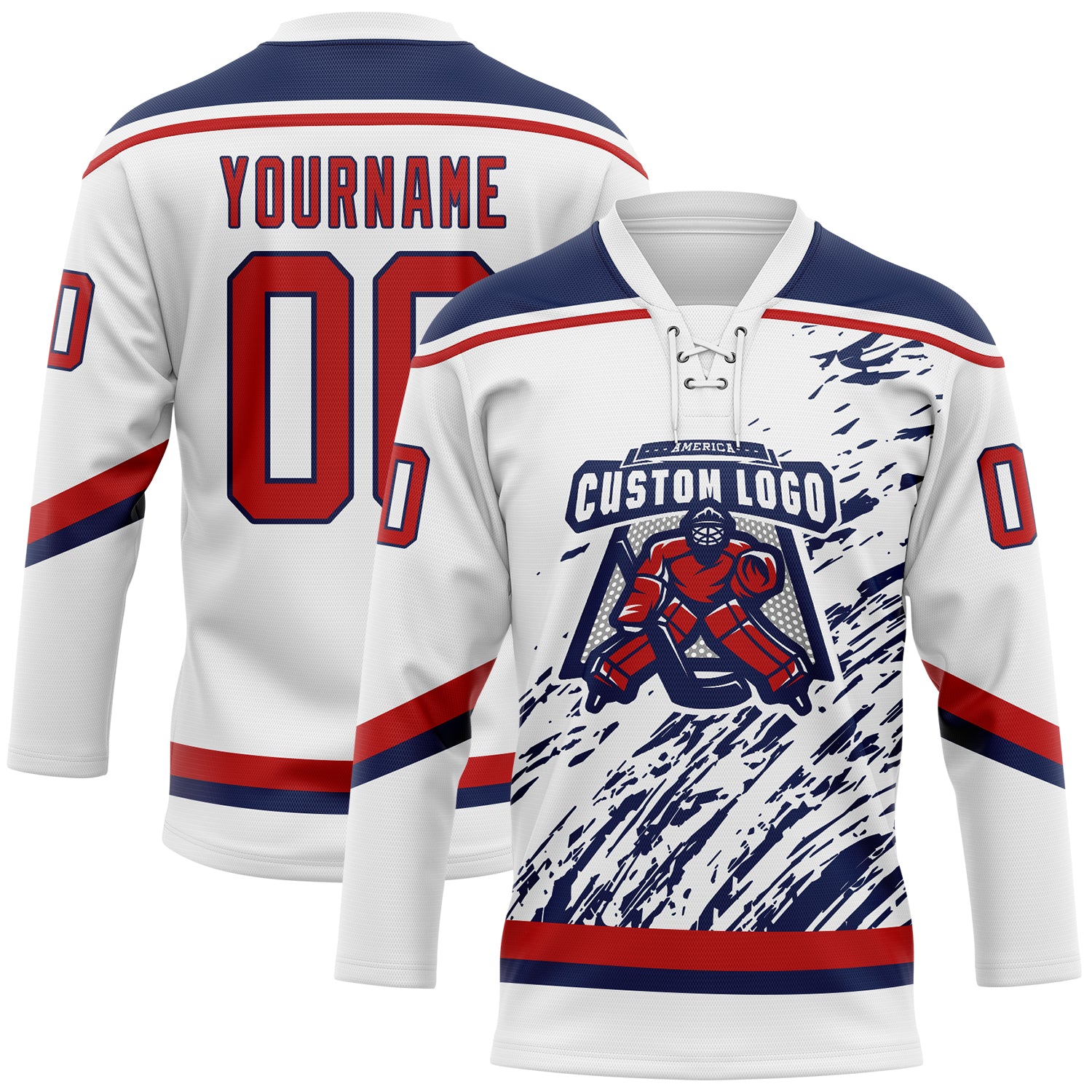 Custom White Red-Navy 3D Splash Art Hockey Lace Neck Jersey