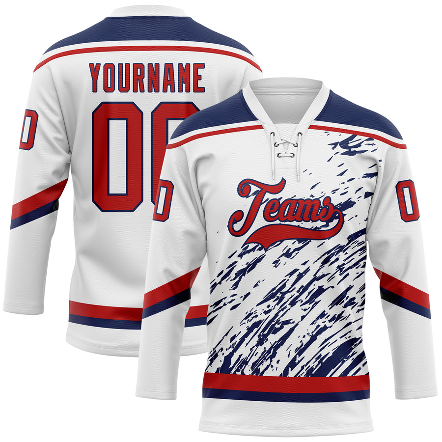 Custom White Red-Navy 3D Splash Art Hockey Lace Neck Jersey