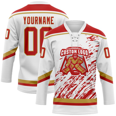 Custom White Red-Old Gold 3D Splash Art Hockey Lace Neck Jersey