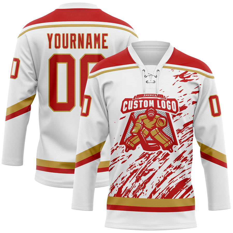 Custom White Red-Old Gold 3D Splash Art Hockey Lace Neck Jersey