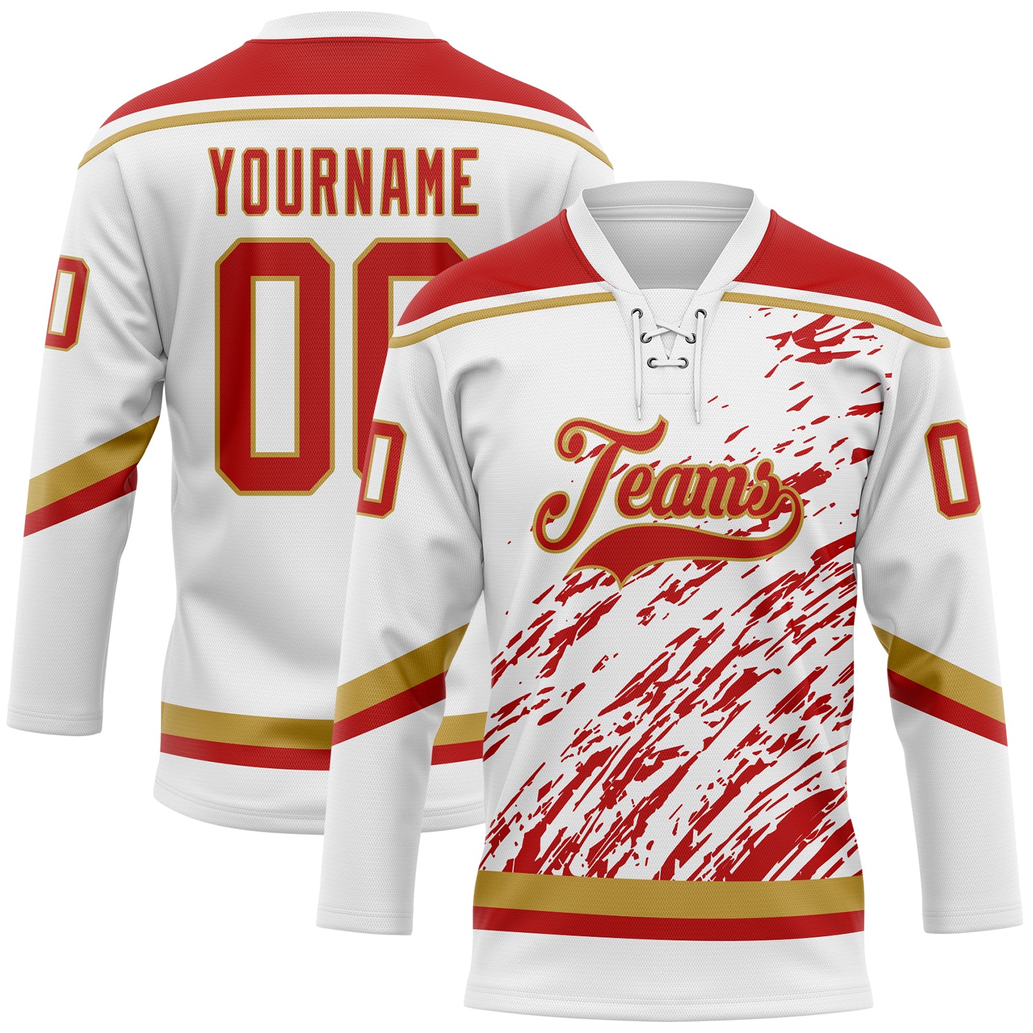Custom White Red-Old Gold 3D Splash Art Hockey Lace Neck Jersey