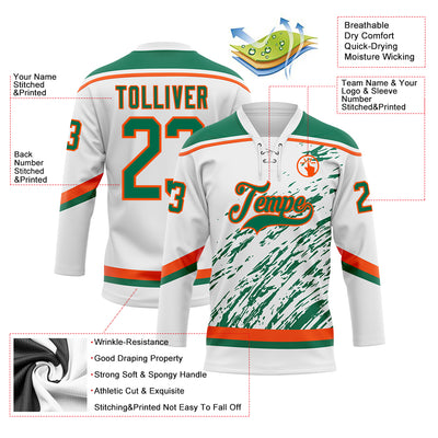 Custom White Kelly Green-Orange 3D Splash Art Hockey Lace Neck Jersey