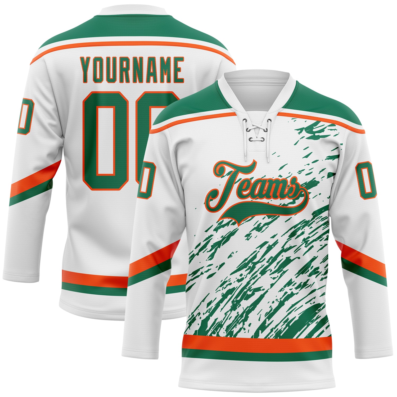 Custom White Kelly Green-Orange 3D Splash Art Hockey Lace Neck Jersey