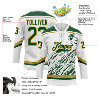 Custom White Green-Old Gold 3D Splash Art Hockey Lace Neck Jersey