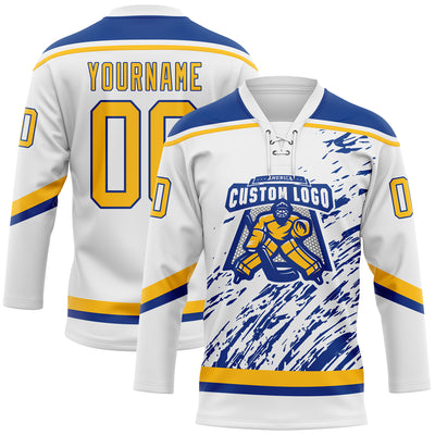 Custom White Gold-Royal 3D Splash Art Hockey Lace Neck Jersey