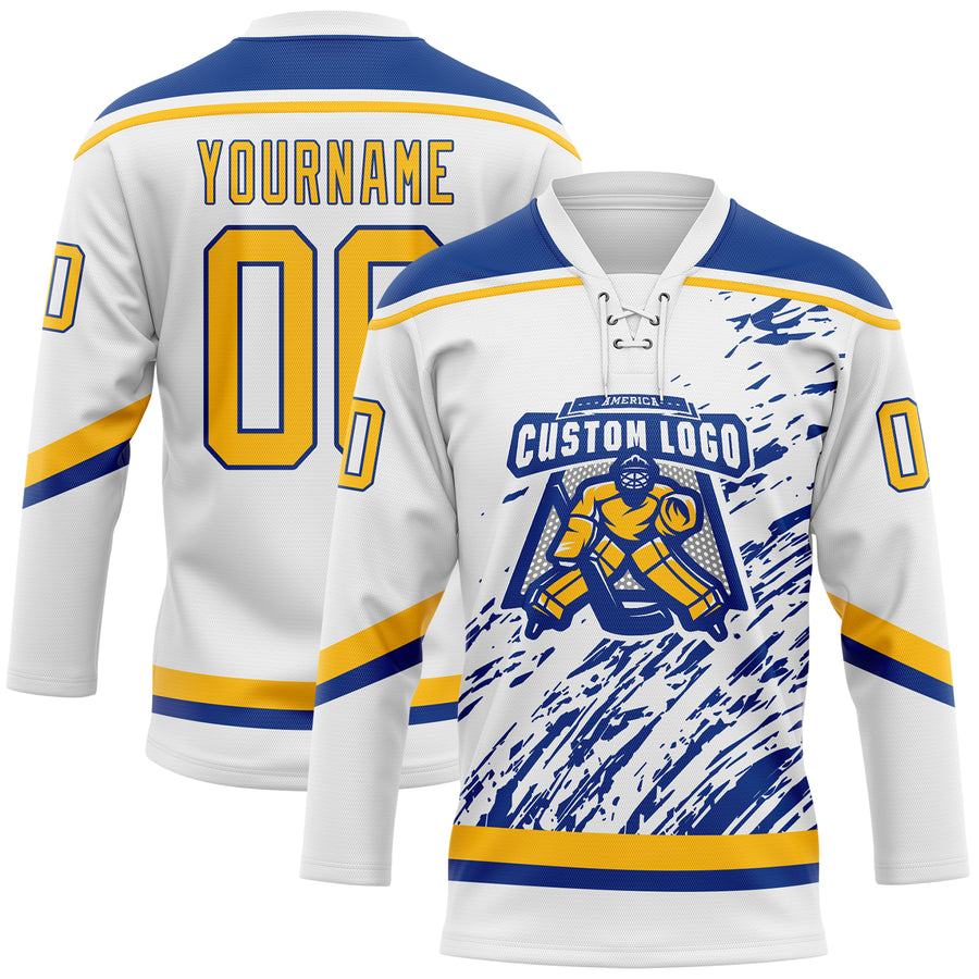 Custom White Gold-Royal 3D Splash Art Hockey Lace Neck Jersey