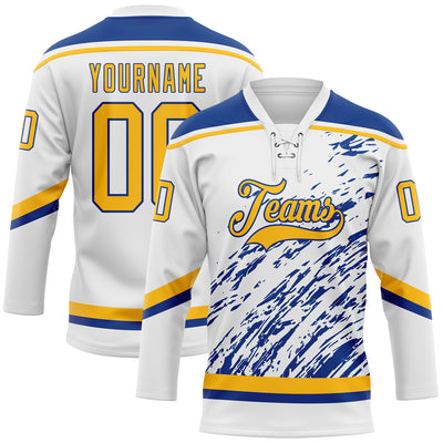 Custom White Gold-Royal 3D Splash Art Hockey Lace Neck Jersey