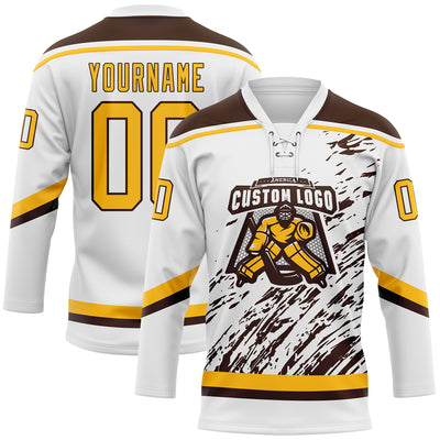 Custom White Gold-Brown 3D Splash Art Hockey Lace Neck Jersey