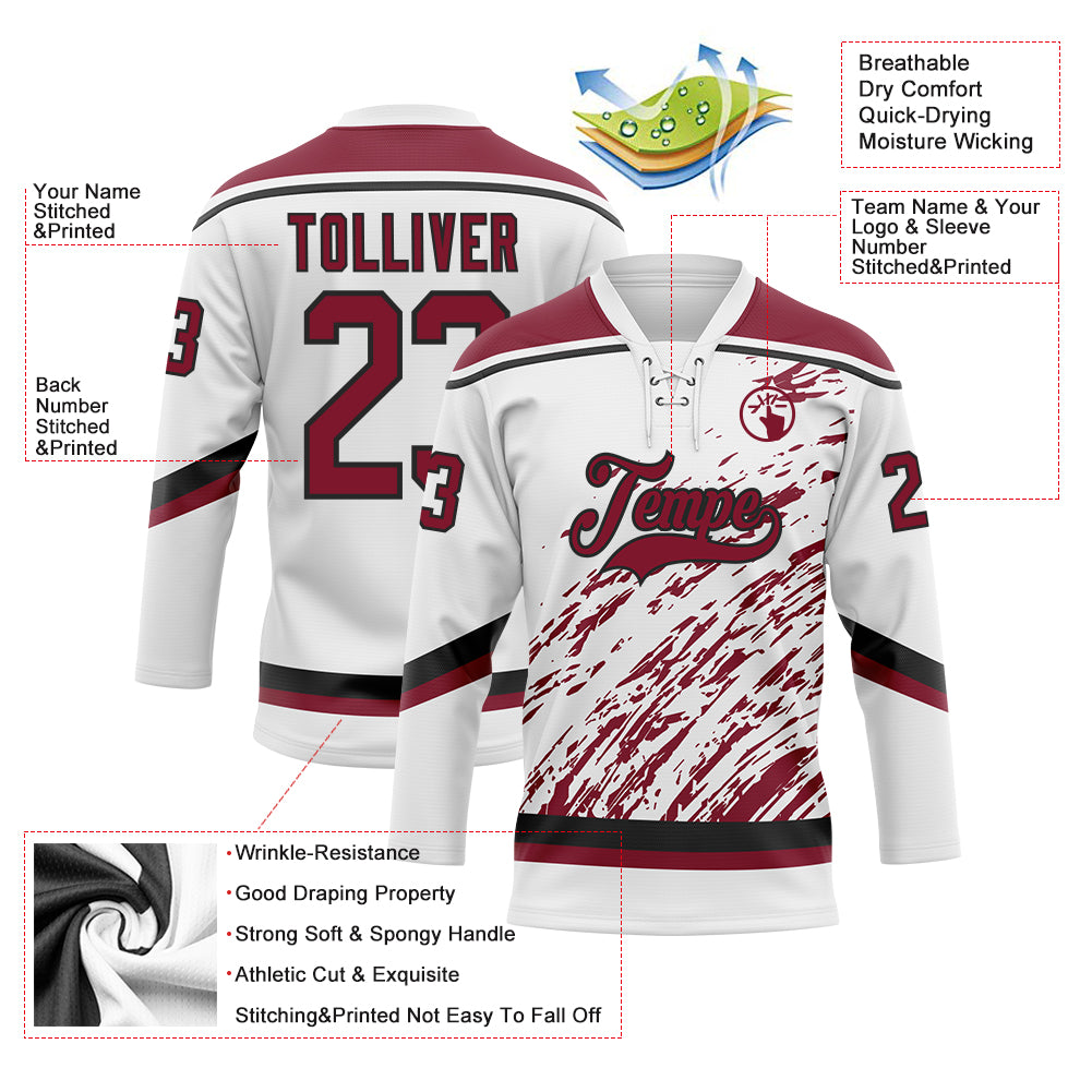 Custom White Crimson-Black 3D Splash Art Hockey Lace Neck Jersey