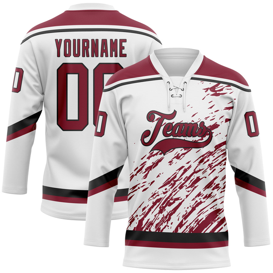 Custom White Crimson-Black 3D Splash Art Hockey Lace Neck Jersey