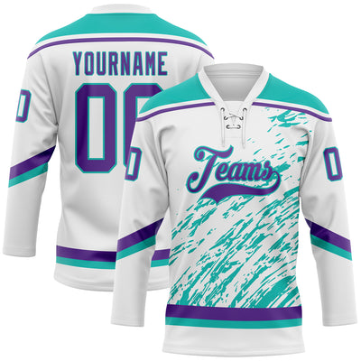 Custom White Purple-Aqua 3D Splash Art Hockey Lace Neck Jersey