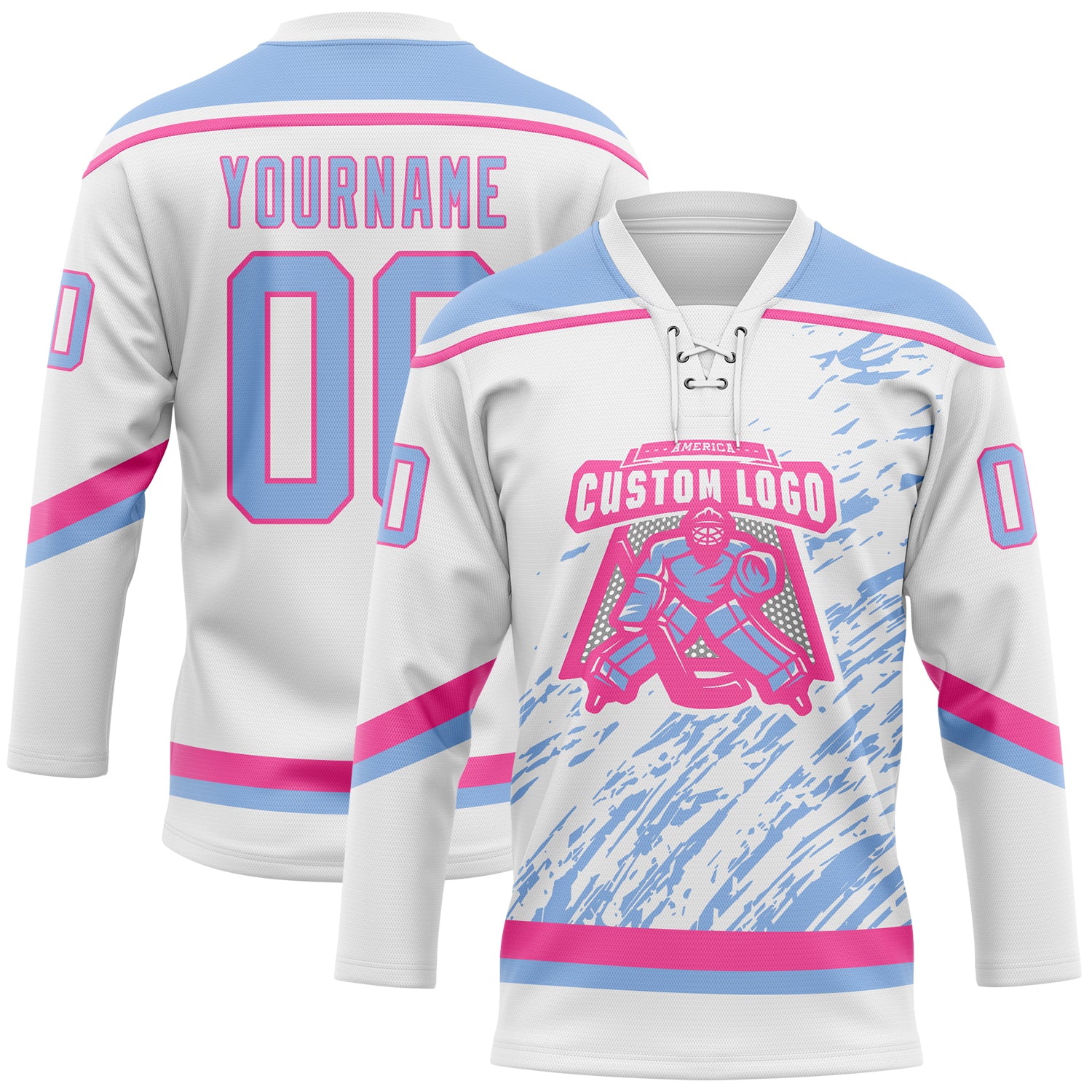 Custom White Light Blue-Pink 3D Splash Art Hockey Lace Neck Jersey