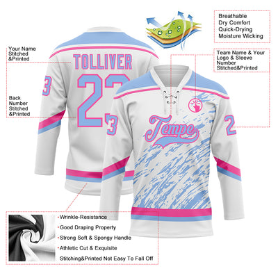 Custom White Light Blue-Pink 3D Splash Art Hockey Lace Neck Jersey