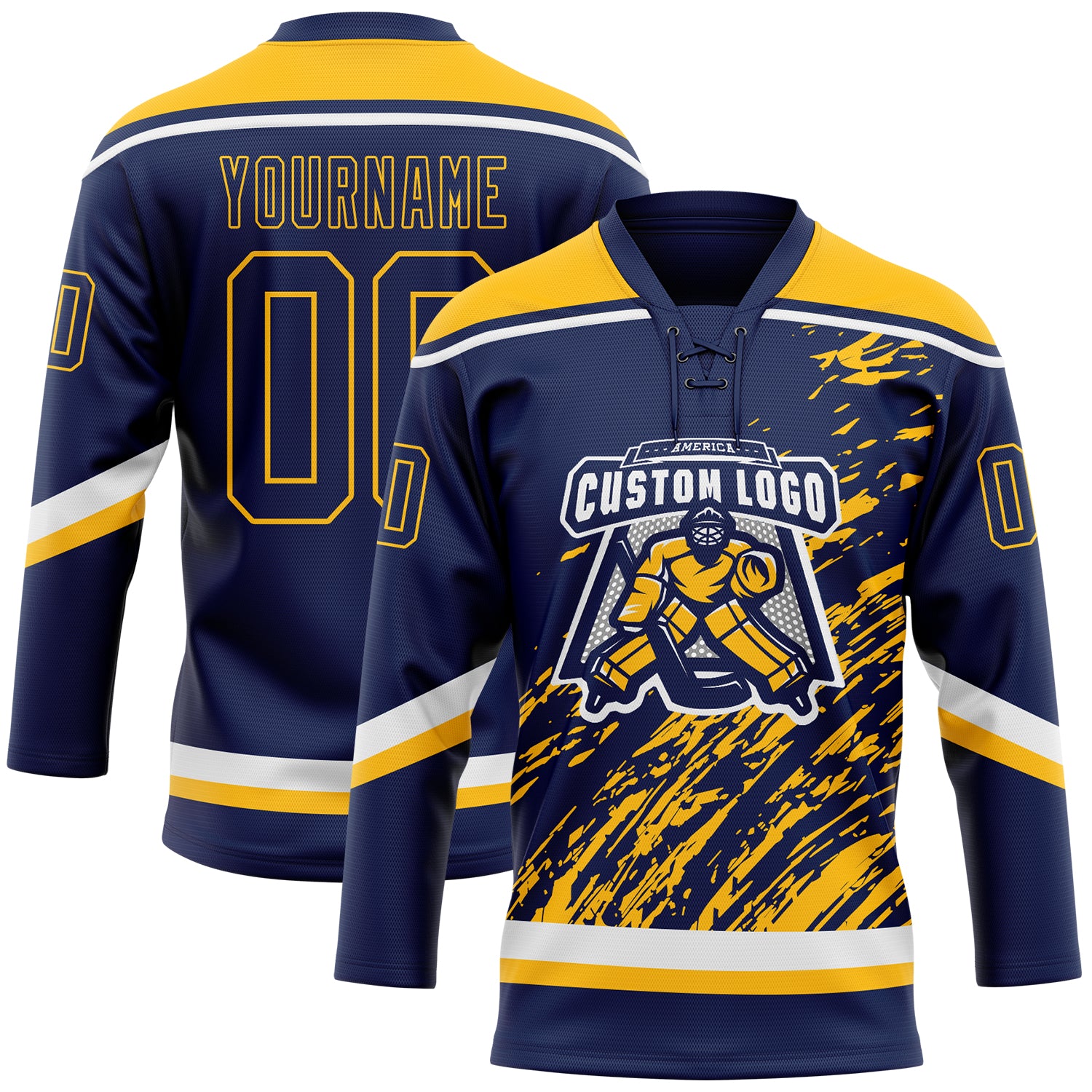 Custom Navy Gold-White 3D Splash Art Hockey Lace Neck Jersey