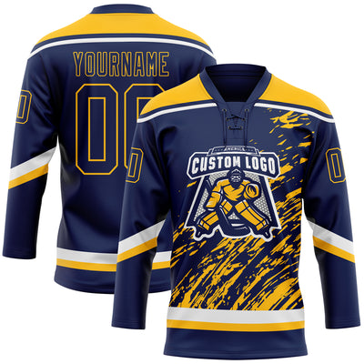 Custom Navy Gold-White 3D Splash Art Hockey Lace Neck Jersey