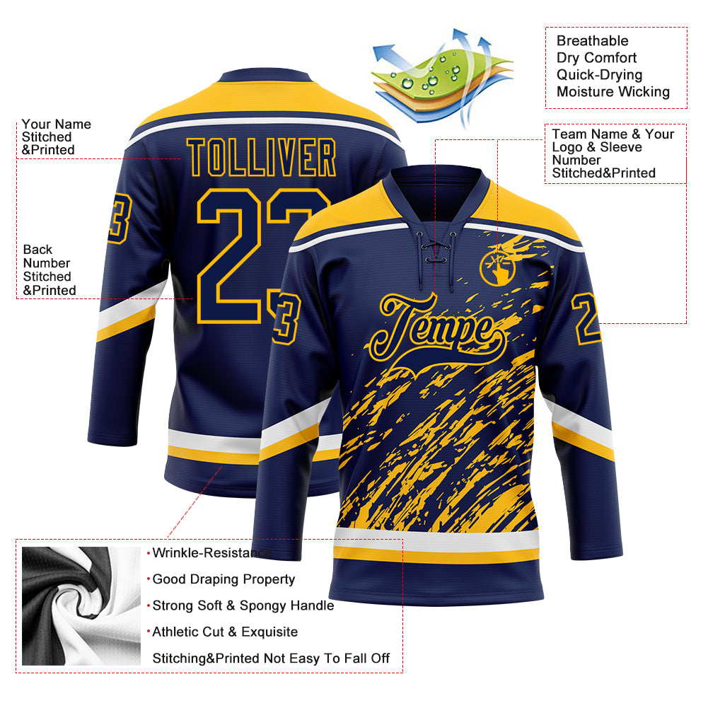 Custom Navy Gold-White 3D Splash Art Hockey Lace Neck Jersey