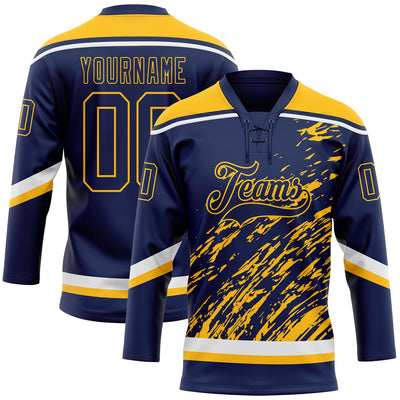 Custom Navy Gold-White 3D Splash Art Hockey Lace Neck Jersey