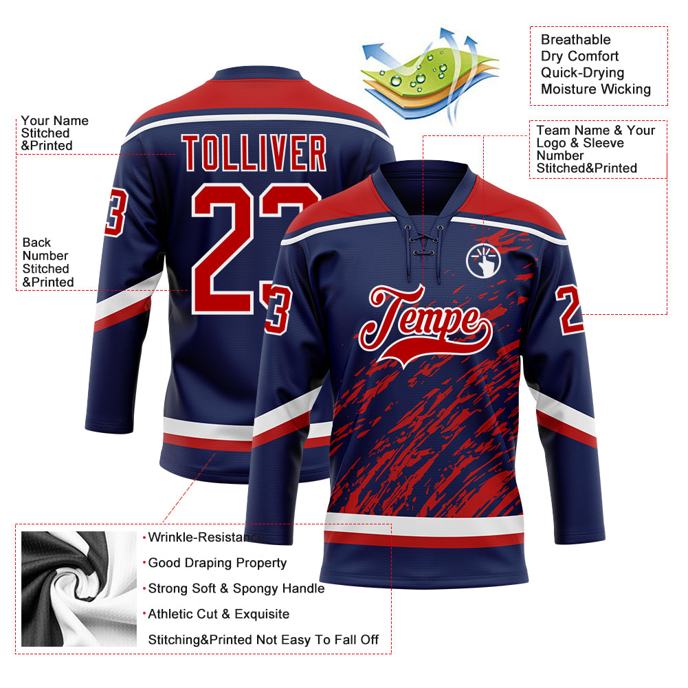 Custom Navy Red-White 3D Splash Art Hockey Lace Neck Jersey