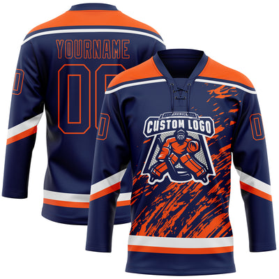 Custom Navy Orange-White 3D Splash Art Hockey Lace Neck Jersey