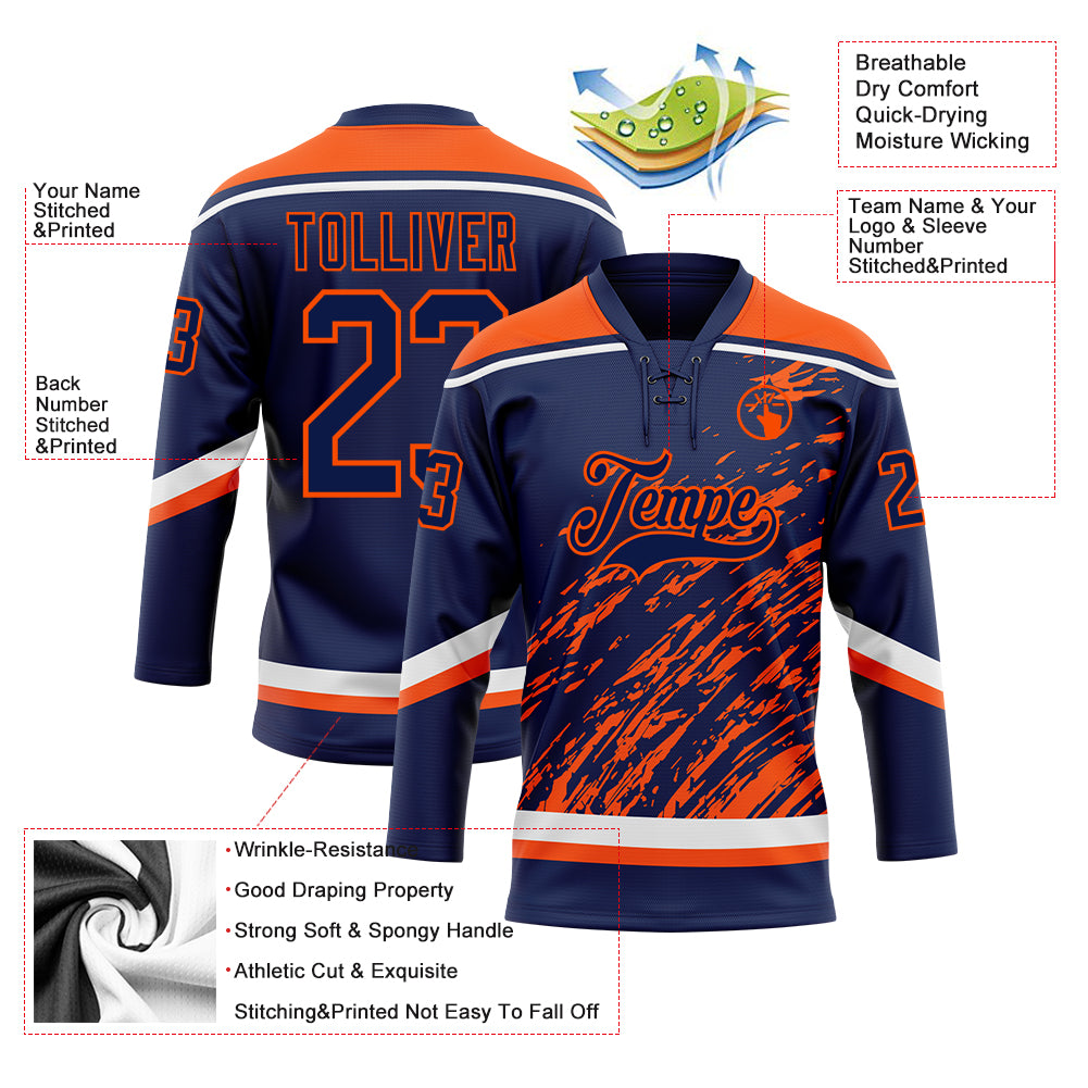 Custom Navy Orange-White 3D Splash Art Hockey Lace Neck Jersey