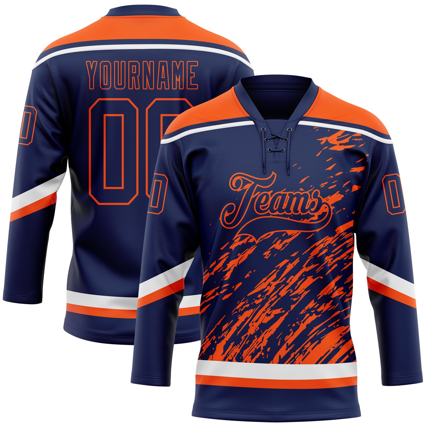 Custom Navy Orange-White 3D Splash Art Hockey Lace Neck Jersey