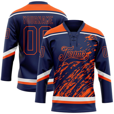 Custom Navy Orange-White 3D Splash Art Hockey Lace Neck Jersey