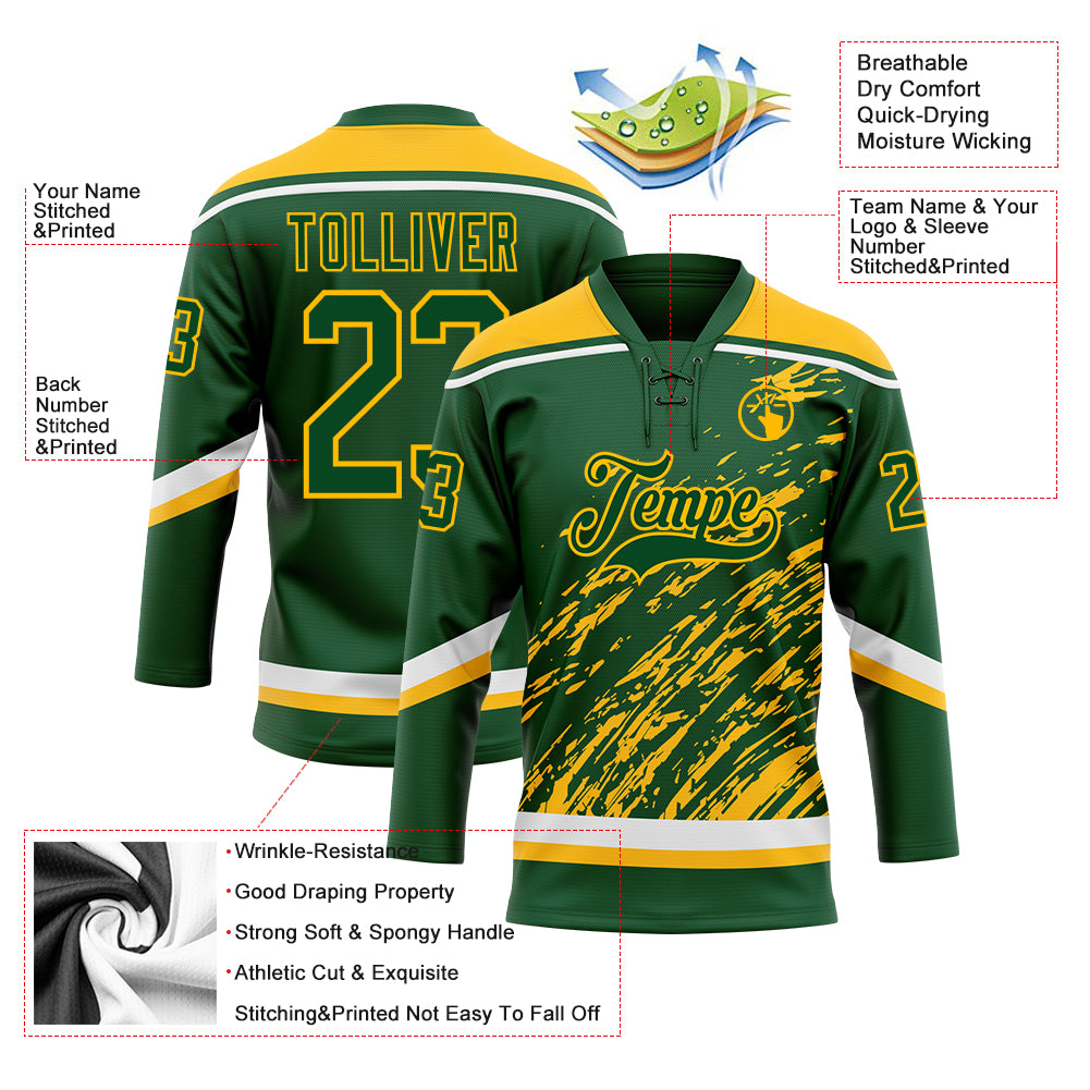 Custom Green Gold-White 3D Splash Art Hockey Lace Neck Jersey