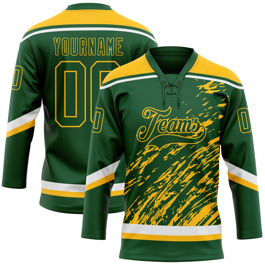 Custom Green Gold-White 3D Splash Art Hockey Lace Neck Jersey