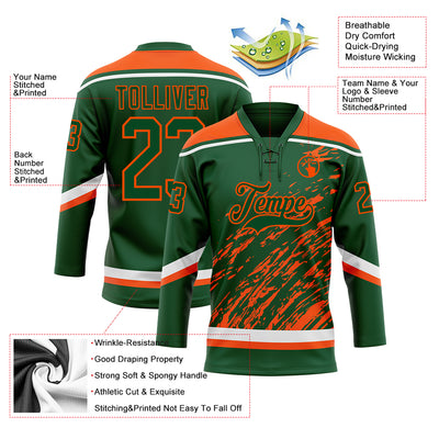 Custom Green Orange-White 3D Splash Art Hockey Lace Neck Jersey
