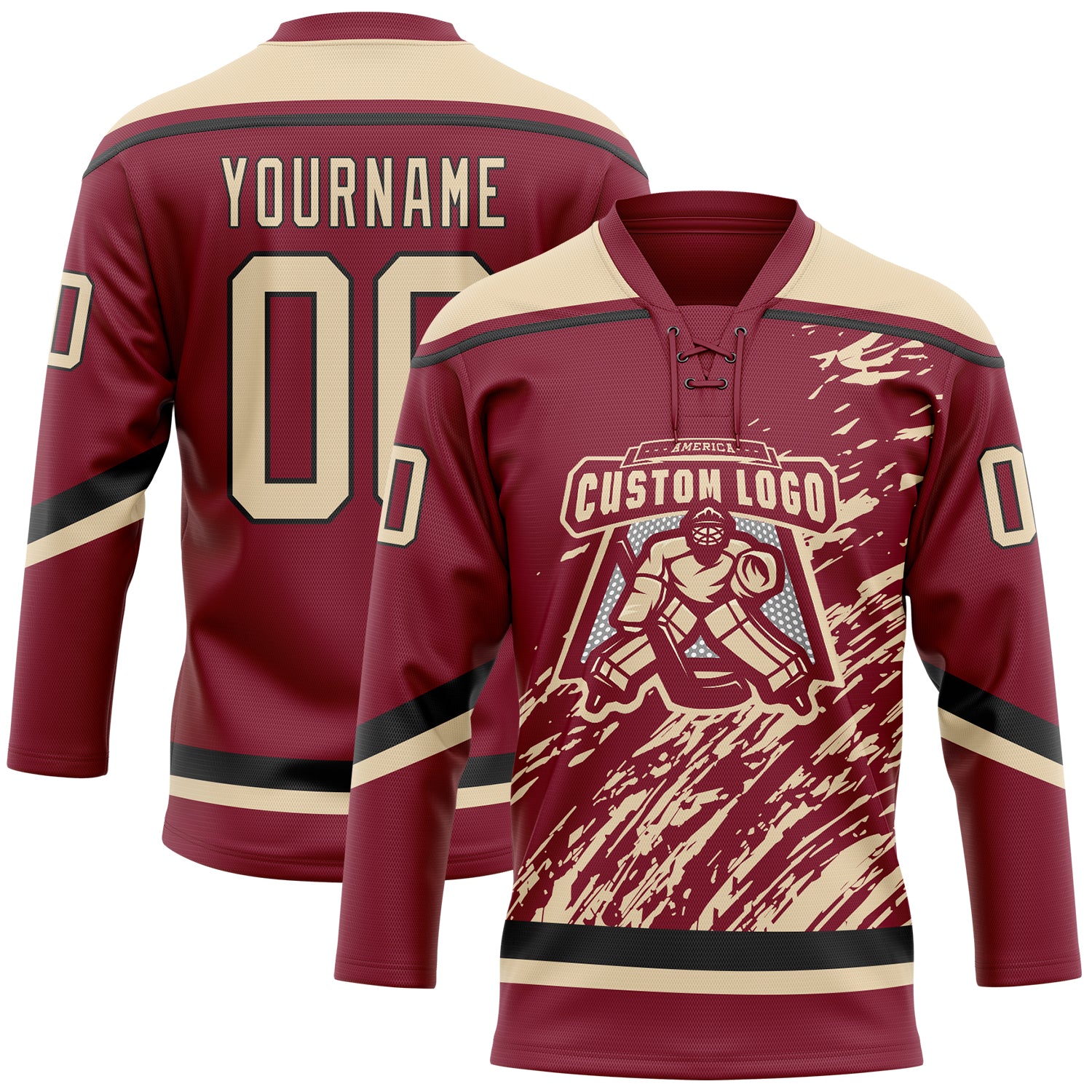 Custom Crimson City Cream-Black 3D Splash Art Hockey Lace Neck Jersey