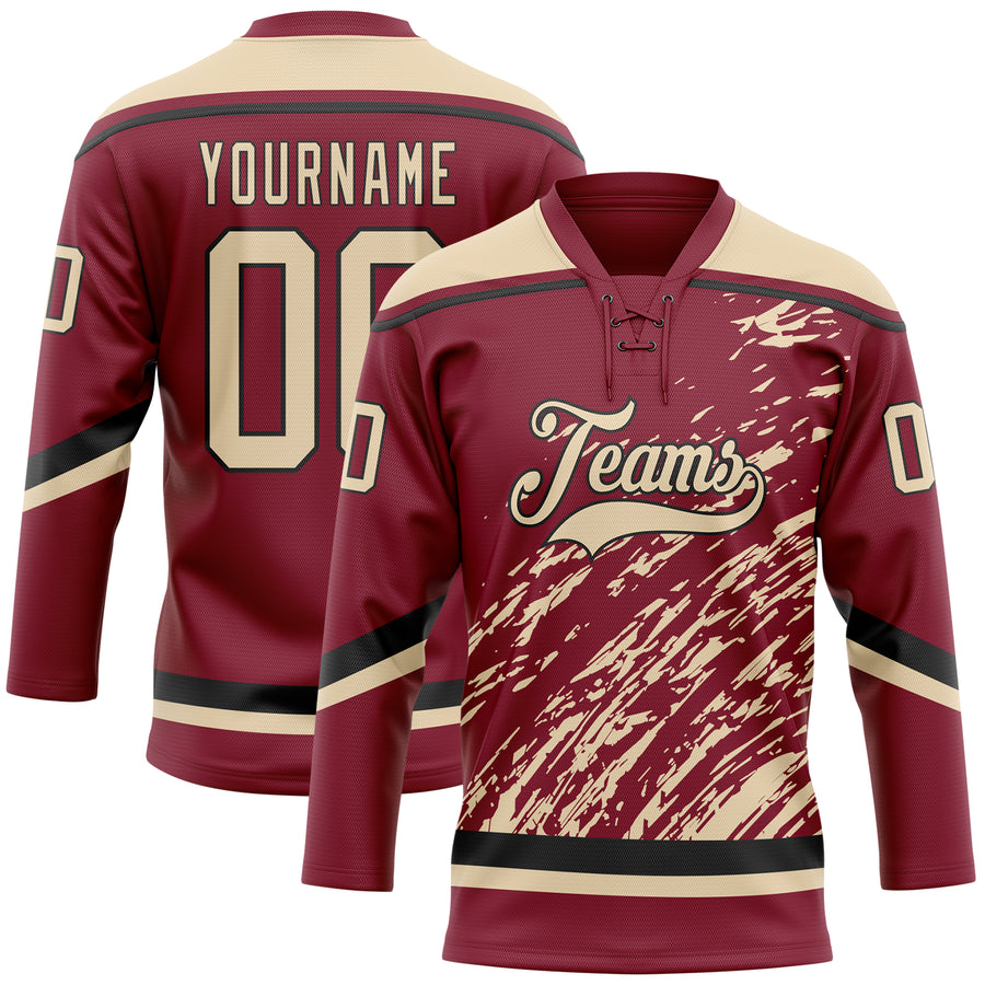 Custom Crimson City Cream-Black 3D Splash Art Hockey Lace Neck Jersey