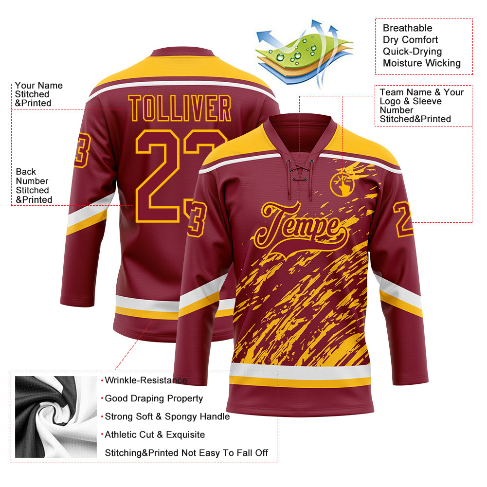 Custom Crimson Gold-White 3D Splash Art Hockey Lace Neck Jersey
