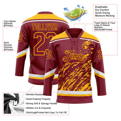 Custom Crimson Gold-White 3D Splash Art Hockey Lace Neck Jersey