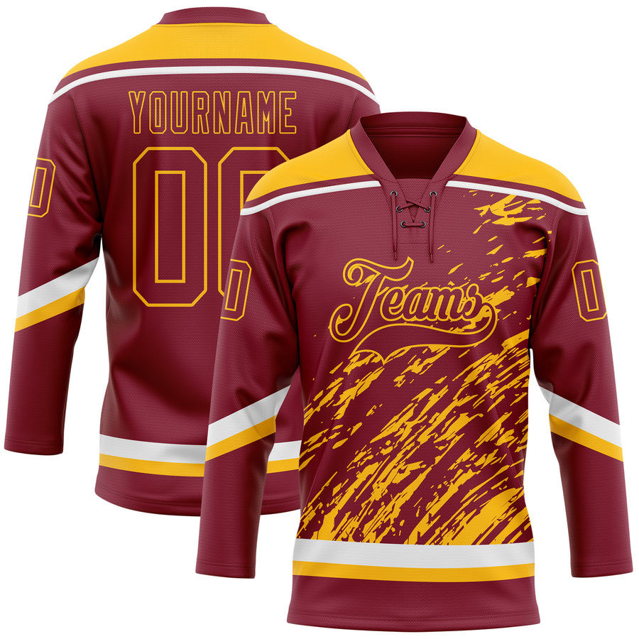 Custom Crimson Gold-White 3D Splash Art Hockey Lace Neck Jersey