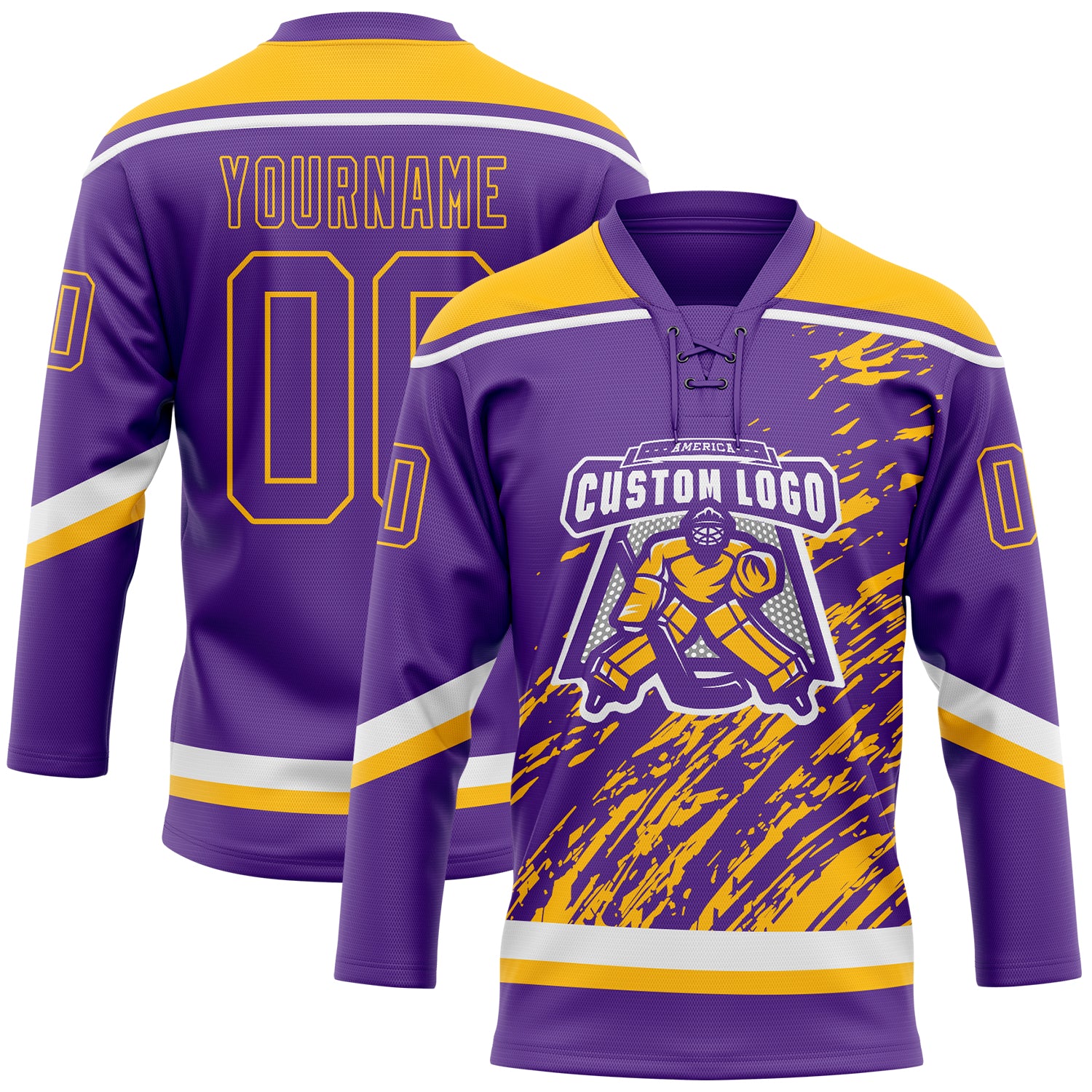 Custom Purple Gold-White 3D Splash Art Hockey Lace Neck Jersey