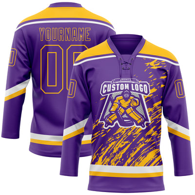 Custom Purple Gold-White 3D Splash Art Hockey Lace Neck Jersey