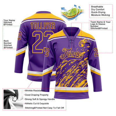 Custom Purple Gold-White 3D Splash Art Hockey Lace Neck Jersey