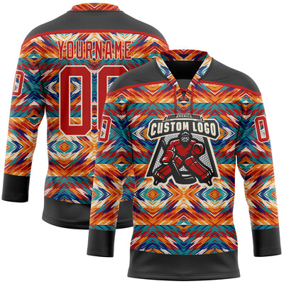 Custom Black Red-Cream 3D Pattern Native Americans Tribal Indigenous People Hockey Lace Neck Jersey