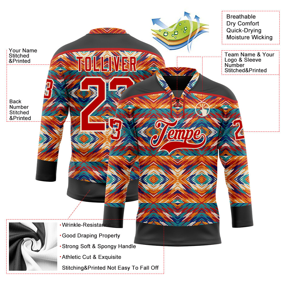 Custom Black Red-Cream 3D Pattern Native Americans Tribal Indigenous People Hockey Lace Neck Jersey